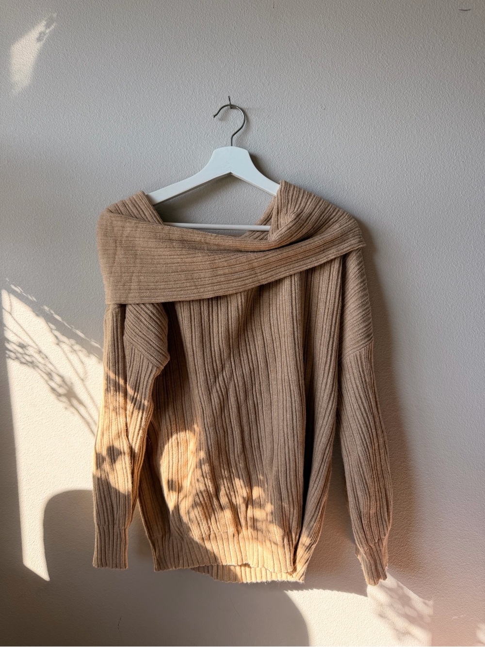 Amazon Ribbed Off-Shoulder Sweater in Camel Tan